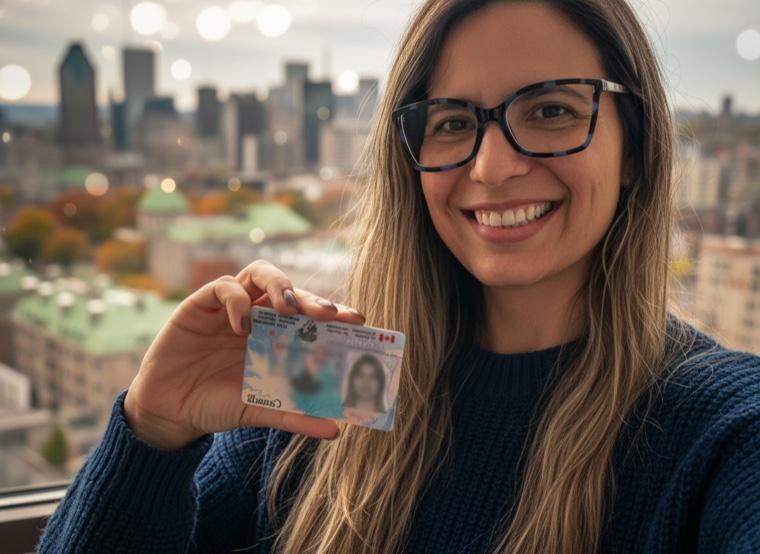 Aline Aguiar segurando seu documento de Residência Permanente no Canadá